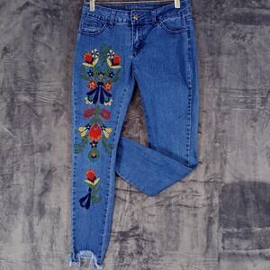 Denimland Jeans Womens Size 7 Blue Embroidered Floral Frayed Hem Stretch